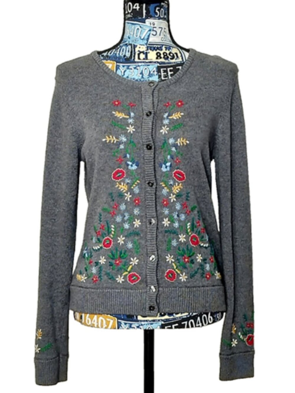 Vintage LIZ CLAIBORNE Floral Embroidered Cardigan Button Front Wool Blend Sz M